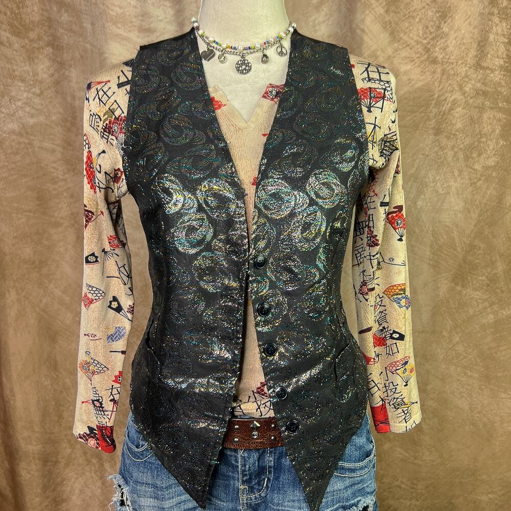 Vintage Metallic Vest Rainbow Geometric Color Shift Sleeveless V Neck Steampunk